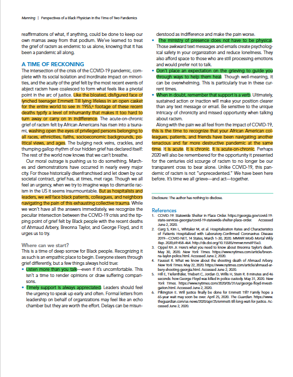 Charlie M. Wray, DO, MS (@wraycharles) on Twitter photo Take a moment. Step back and listen as <a href="/gradydoctor/">Kimberly D. Manning, MD, MACP</a> eloquently describes the struggles of Black Americans during two pandemics
I could have highlighted the whole thing...
journalofhospitalmedicine.com/jhospmed/artic⦠Take a moment. Step back and listen as <a href="/gradydoctor/">Kimberly D. Manning, MD, MACP</a> eloquently describes the struggles of Black Americans during two pandemics
I could have highlighted the whole thing...
journalofhospitalmedicine.com/jhospmed/articā¦