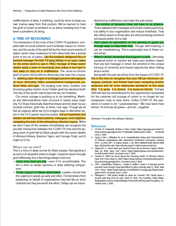 Take a moment. Step back and listen as @gradydoctor eloquently describes the struggles of Black Americans during two pandemics I could have highlighted the whole thing... journalofhospitalmedicine.com/jhospmed/artic…