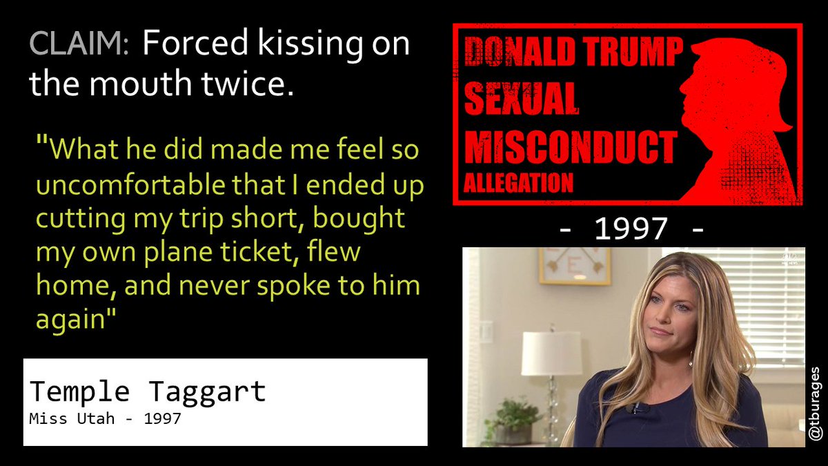 Trump was married to Marla Maples during the 1997 Miss USA pageant, but that didn't stop him from greeting several of the girls by kissing them on the lips.Said Taggart, "I thought, 'Oh my god, gross.'"/22