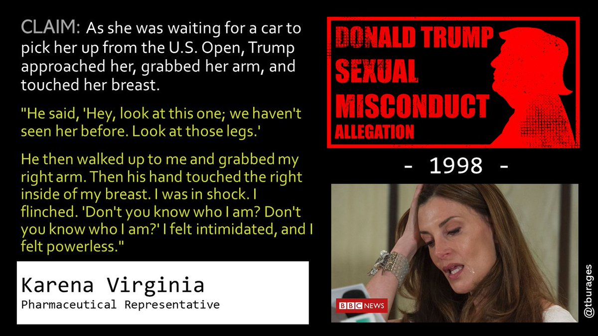 "Shame" is the word Karena Virginia uses most often when talking about an incident in 1998 in which Trump assaulted her.Since the incident she worries about how she dresses and if that was what provoked Trump to demean her appearance grab her breast./23