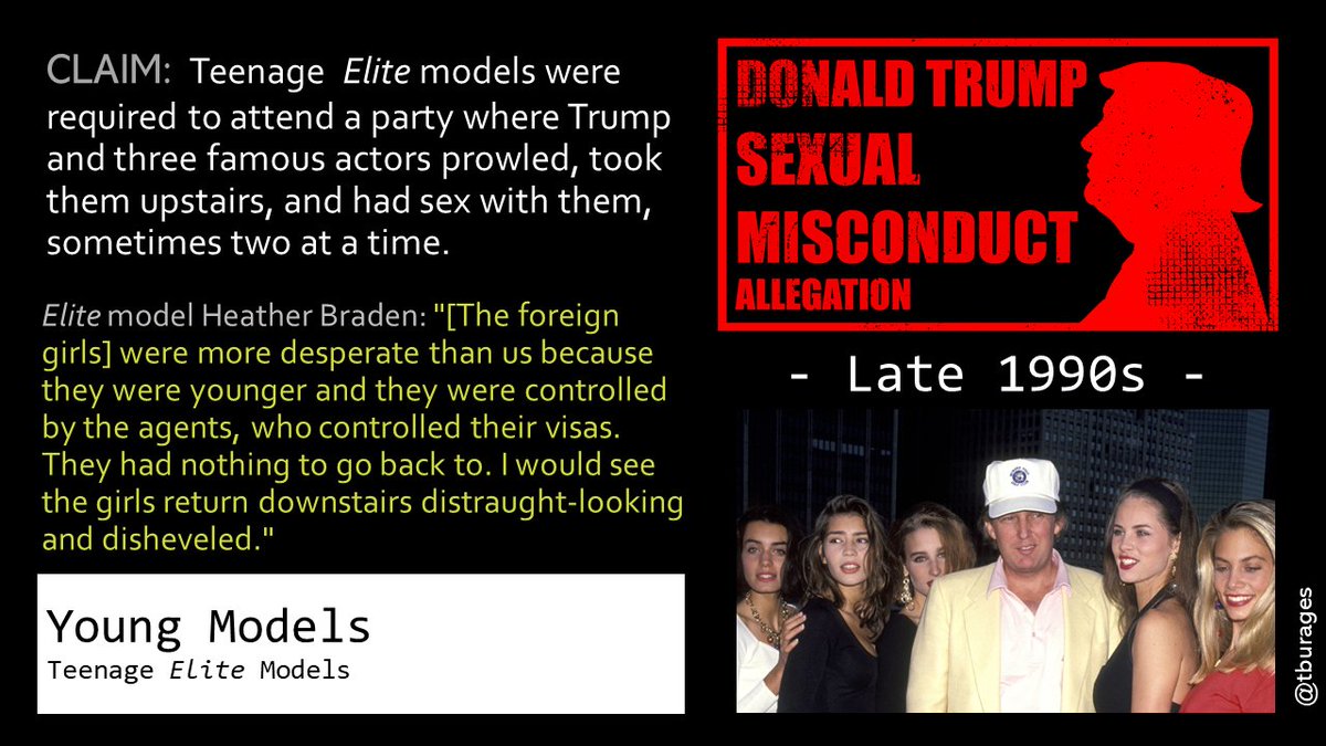 In the late 1990s, Elite Heather Braden was forced to go to a strange models party Trump was at: "It was clear I would be dropped or fired if I didn't attend."She said there were 50 girls and 4 middle-aged men and lots of sex. /24