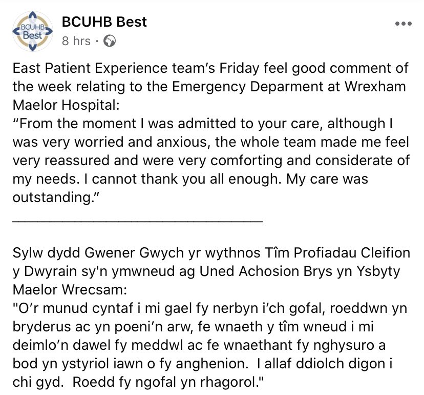 Well Done to all the ED team!
#OutstandingCare #PositiveFeedback #BCUHBBest #WrexhamED