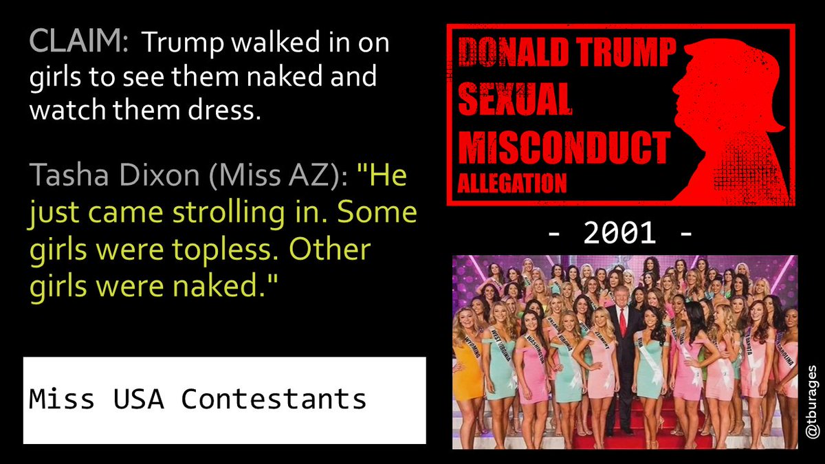 2001 contestant Tasha Dixon said that pageant employees encouraged the girls to give Trump attention when he came in to their dressing room while they were naked./29