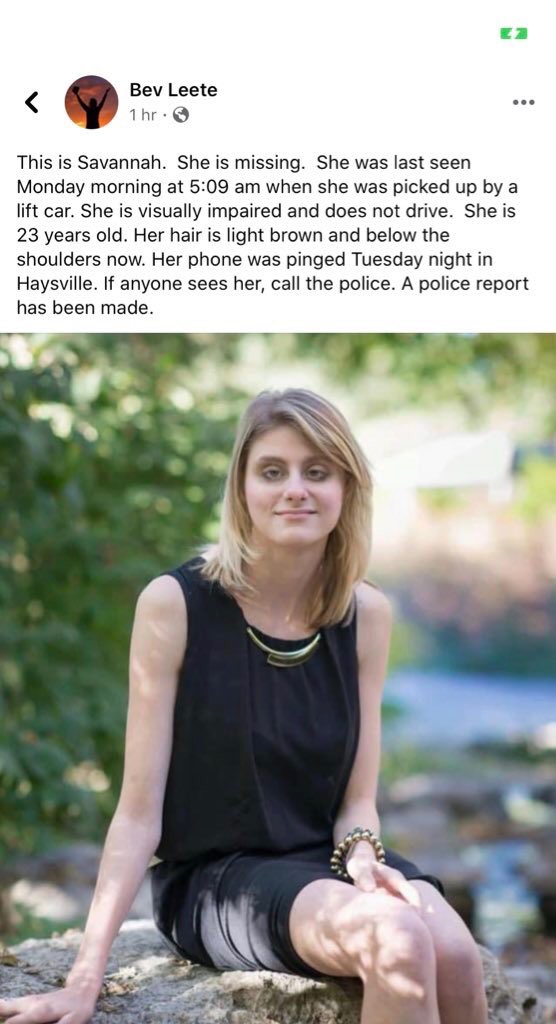 Please please keep an eye out for Savannah! She is a sorority sister of mine and has a visual impairment and is not able to drive on her own. Please share!! ☹️☹️☹️