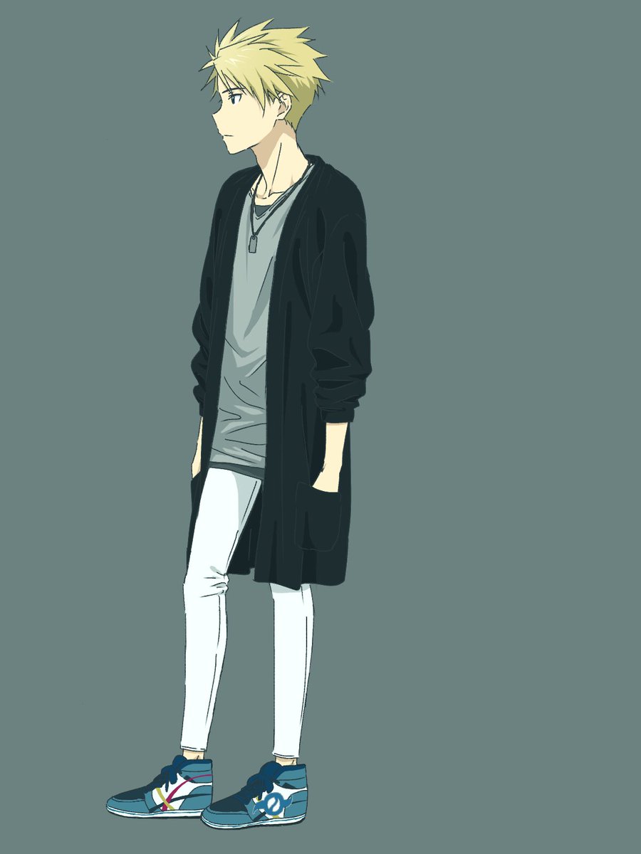 1boy solo male focus blonde hair spiked hair pants hands in pockets  illustration images