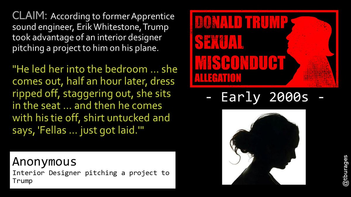 In the early 2000s Trump took sexual advantage of an interior designer who was pitching a project to him, according to Erik Whitestone, an Apprentice sound engineer./26