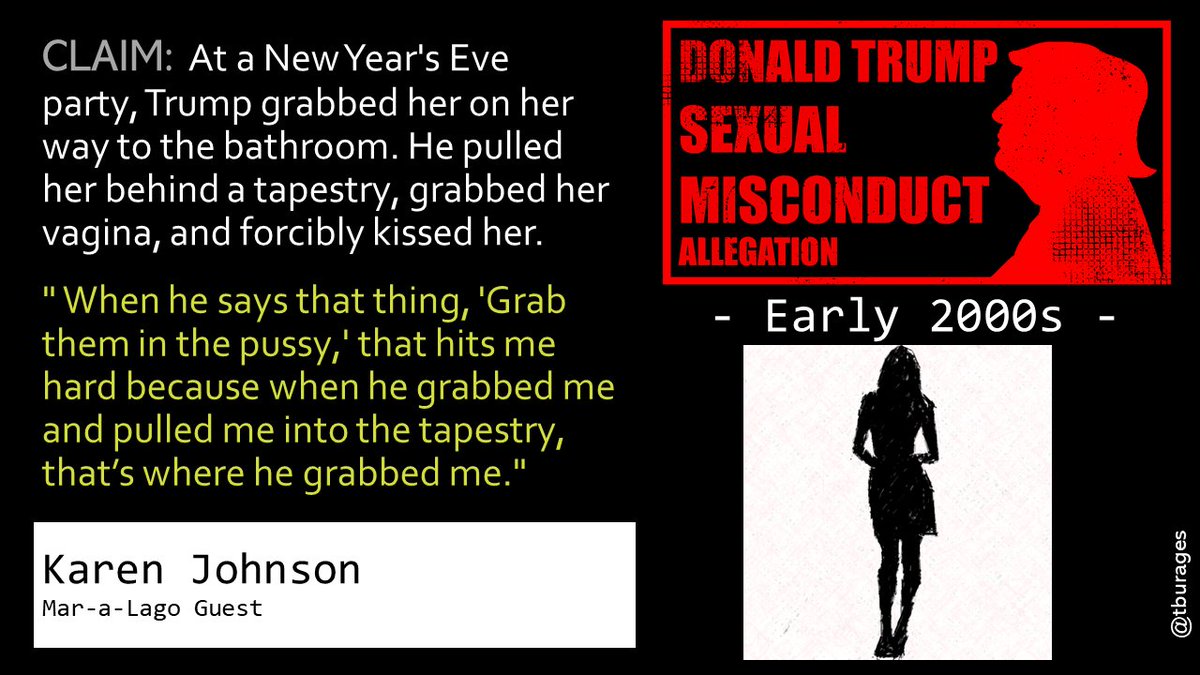 Karen Johnson was at a Mar-a-Lago New Year's Eve party in the early 2000s with her dying husband when Trump sexually assaulted her./27