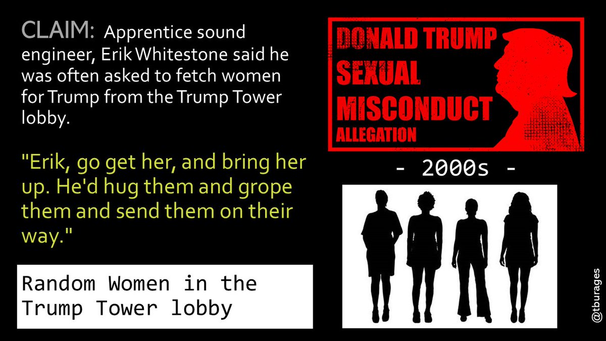 Apprentice sound engineer Erik Whitestone has said that in the 2000s, Erik took on some … personal tasks for Donald Trump. Trump liked to prey on women in the Trump Tower lobby. Eric was asked to bring them to Trump for a "tour," during which Trump would molest them./28