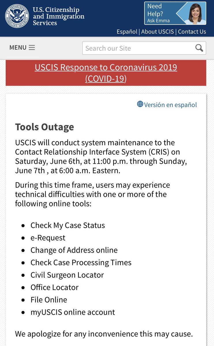 BarristerAftab's tweet photo. USCIS will conduct system maintenance to the Contact Relationship Interface System (CRIS) on Saturday, June 6th, at 11:00 p.m. through Sunday, June 7th , at 6:00 a.m. Eastern. https://t.co/es3m3eCZ10