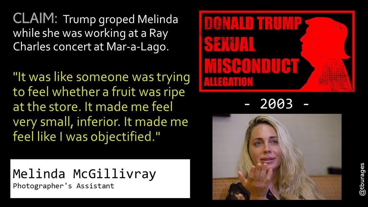 Mindy states she was assaulted by Trump in 2003. Since then she has voiced her distress that nothing has ever been done to address Trump's misconduct: "He has to face the music, he can’t get away with this. I demand an investigation."/30