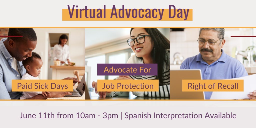WorkFamilyCA's tweet photo. Join our Virtual Advocacy Day on June 11th! As a group, we will be voicing our support for #AB3216 and the Gov's #PaidFamilyLeave trailer bill. If passed these bills will provide #jobprotection #paidsickdays and #rightofrecall to workers. Register Now: https://t.co/Y6zUQKZ1Ia https://t.co/hTZUdfj48B