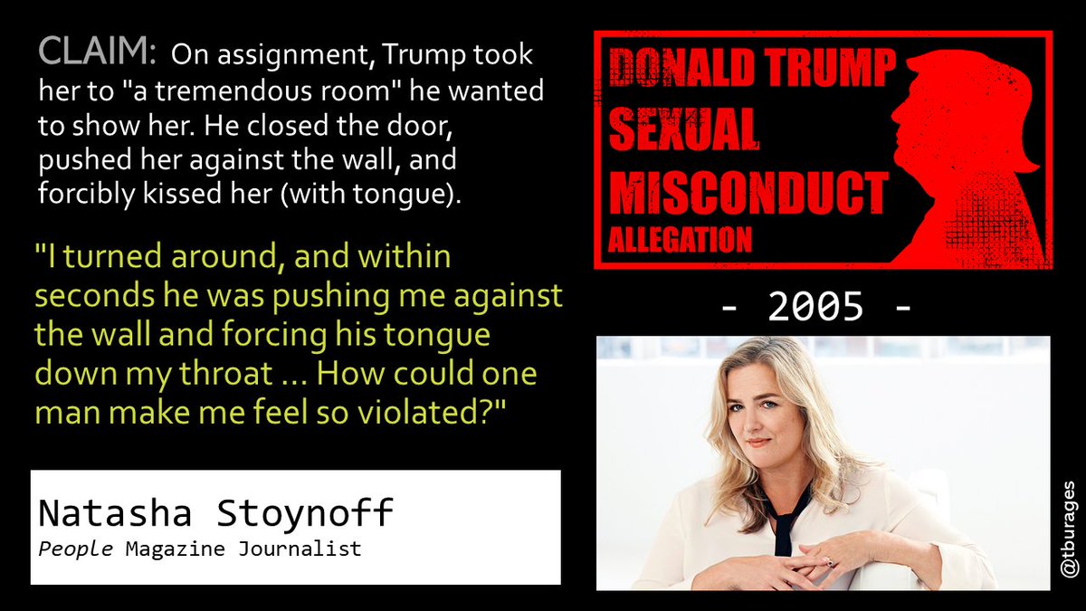 In 2005, Natasha Stoynoff went to Mar-a-Lago to interview Trump and (a very pregnant) Melania for a People feature story. During a break, Melania went to change into a different outfit. Trump took the moment to give Natasha a tour, during which he assaulted her./31