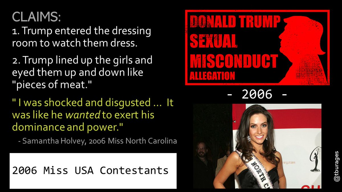 Every year Miss USA, Miss Teenage USA and Miss Universe pageants brought a new wave of victims for Donald Trump to prey on. Samantha Holvey later said, "I have never felt so objectified … we were just meat, we were just sexual objects … not people."/34