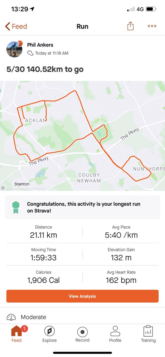 Been surviving on quiet tickover since quarantine began, running has been a lovely escape. Rather proud of this achievement today 🏃🏻