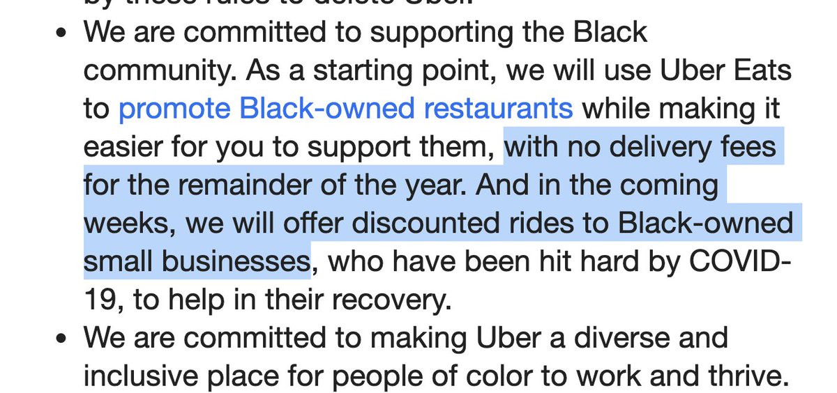 NoahPollak's tweet photo. Anyone else notice that Uber's missive about the protests/riots includes a pledge to discriminate against businesses that are not owned by black people? Aren't there laws against this? https://t.co/QS4ndJnt9l