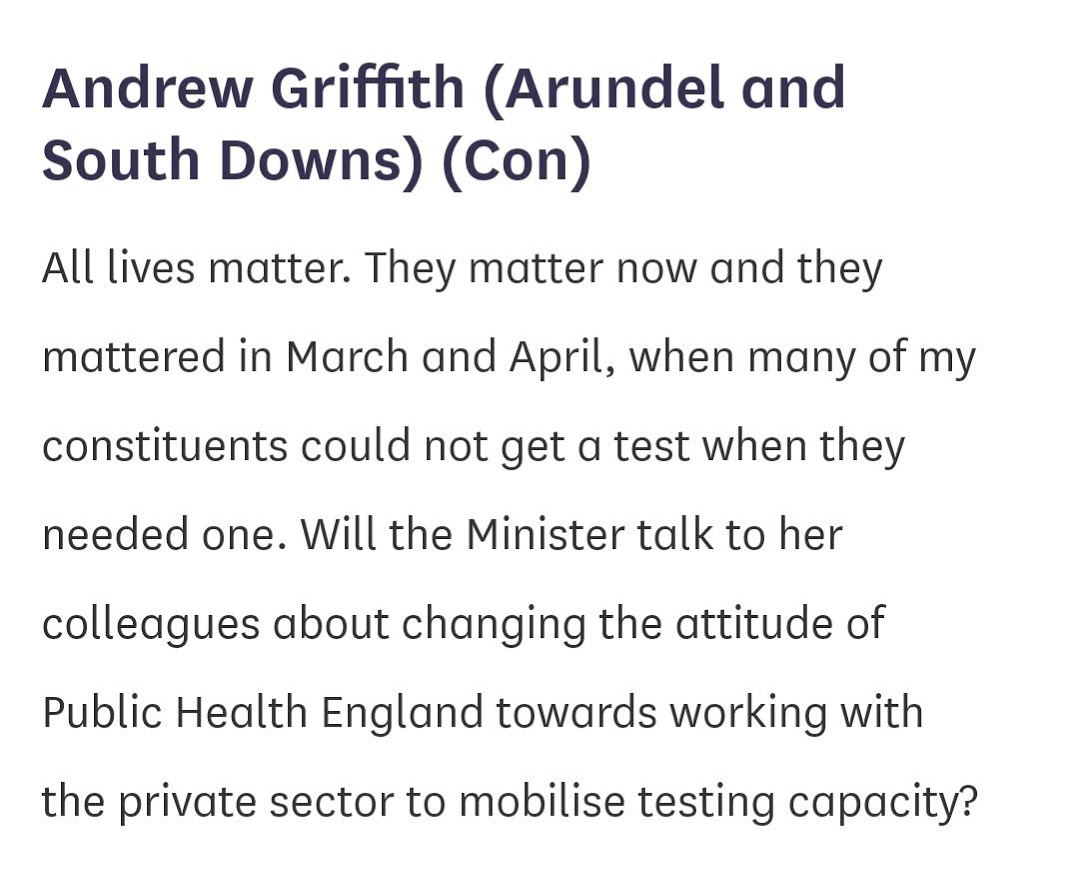 When you read an article about why using the term 'All Lives Matter' is problematic in the <a href="/EveningStandard/">nope s</a> and then you find out that your MP <a href="/griffitha/">Andrew Griffith MP</a> has used those precise words in a question in the Commons

#BlackLivesMatter

standard.co.uk/news/world/why…
