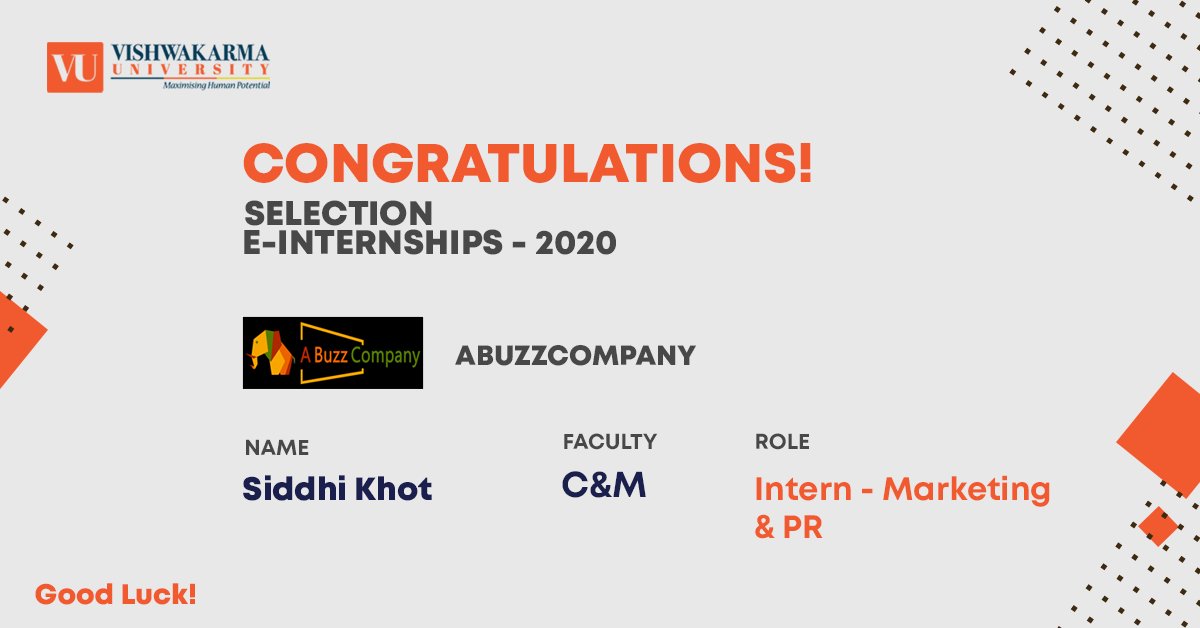 VU_Connect's tweet photo. Congratulations! to our MBA Marketing student Siddhi Khot for being selected for an e-Internship at Abuzzcompany.
#internship #internshipdiaries #einternship https://t.co/tPtg0ZR4Ur