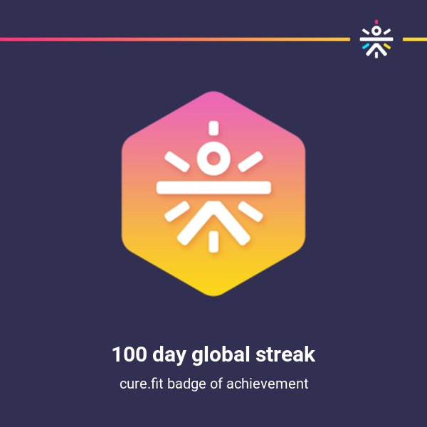 dhirajsingh91's tweet photo. Badge: 100 day global streak

Feeling fitter by the day! And a @BeCureFit Badge to remind me of my hard work. #BeBetterEveryday https://t.co/xqRuWzXIbE