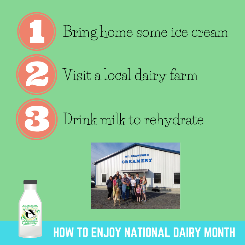 Wondering how best to celebrate #NationalDairyMonth2020? Here are three great ideas, and we can help you with all of them! Stop by and pick up ice cream to share, take some milk home with you, and wave hi to our cows as you head out!