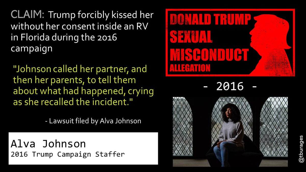 On the campaign trail in August of 2016 Trump forced a kiss on campaign staffer, Alva Johnson. Like many other claims of similar incidents involving Trump, he held her in place with his hands before placing his mouth on her./40