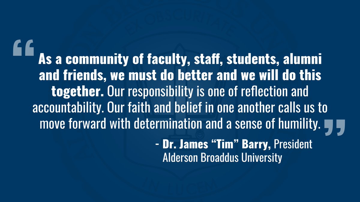 AB_1871's tweet photo. A Statement of Solidarity from our President: "The Mission Statement and values of our University calls us to reflect on our own lives, to listen to one another and to react with honesty, integrity and concern."

Read President Barry's full letter here, https://t.co/6BnyxvnlxB. https://t.co/RAaQmPU4d7