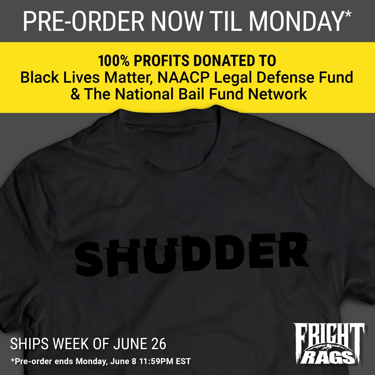 Order this limited-edition Shudder shirt from @frightrags to support @Blklivesmatter, @NAACP_LDF and @bailfundnetwork. 100% of all profits donated. bit.ly/30bGbfV