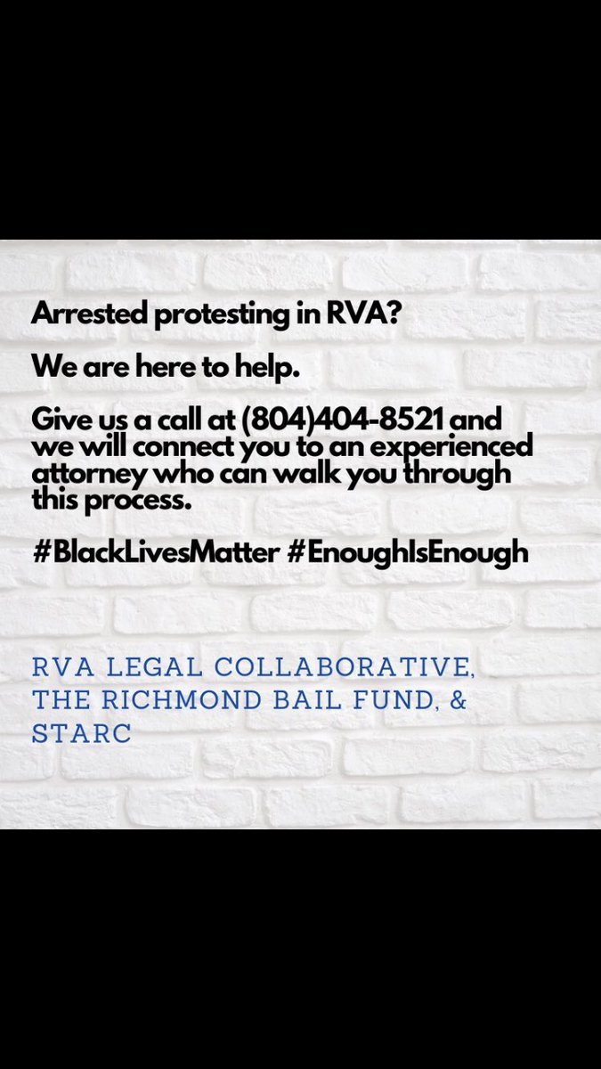 gregorysheldon's tweet photo. Area defense attorneys have come together to offer pro bono representation for protesters arrested in #RVA. Spread the word. https://t.co/R87JOuSS7q