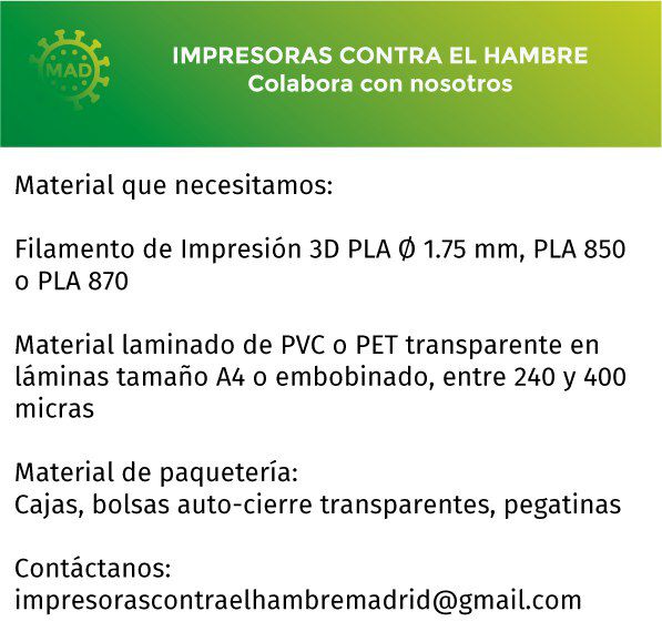 💚 Impresoras Contra el Hambre 💚
Colabora con nosotros

#impresorascontraelhambre #coronavirusmakers #coronamakers #covid19 #coronavirus #makers #3dmakers #makersespaña #coronavirusmakersmadrid <a href="/ComunidadMadrid/">Comunidad de Madrid</a>