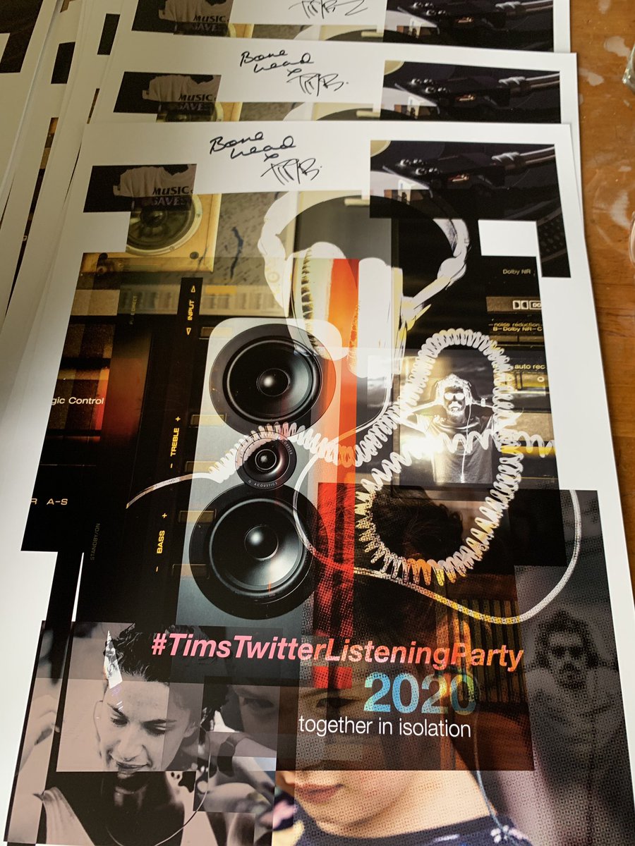 Tim_Burgess's tweet photo. Headed to the studio to work. 
Signed some of the ace @MicrodotCreativ #TimsTwitterListeningParty prints - they’ll be on sale next week, raising funds for the people in the music world who are most in need. Listening party superhero @BoneheadsPage has signed them too ; ) https://t.co/iujb76N9sH