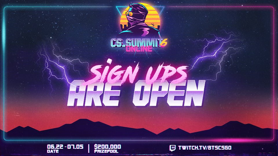 BTScsgo's tweet photo. Registration for Open Qualifiers is now LIVE and will be open through June 13th! 🎉

Sign up now below! Good luck. 😎

EU: https://t.co/HRiYUHcgmy
NA: https://t.co/yWrrEz9d0j https://t.co/pDhtH0Ypo8