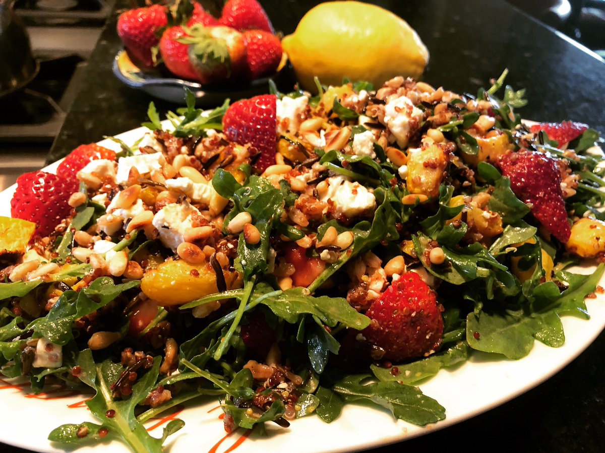 On #foodiefriday, a #grainbased  #summersalad that is filling and fresh.  A trio of grains, arugula, and feta with honey lemon dressing is  so good, strawberries the final tasty touch #ifwtwa #healthylunch #getyourgreens #foodwriter #igeats #foodietribe #eatgoodfood #veggies