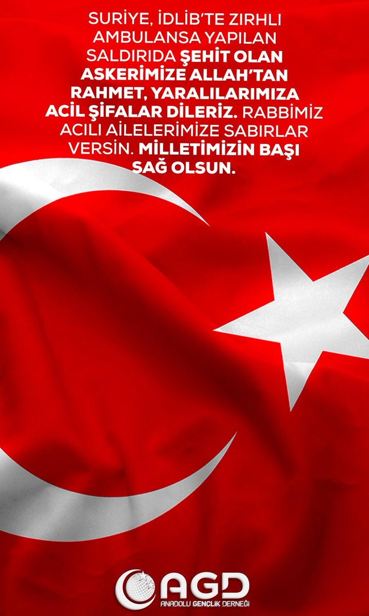 Suriye, İdlib’te zırhlı ambulansa yapılan saldırıda şehit olan askerimize Allah’tan rahmet, yaralılarımıza acil şifalar dileriz. Rabbimiz acılı ailelerimize sabırlar versin. Milletimizin başı sağ olsun.