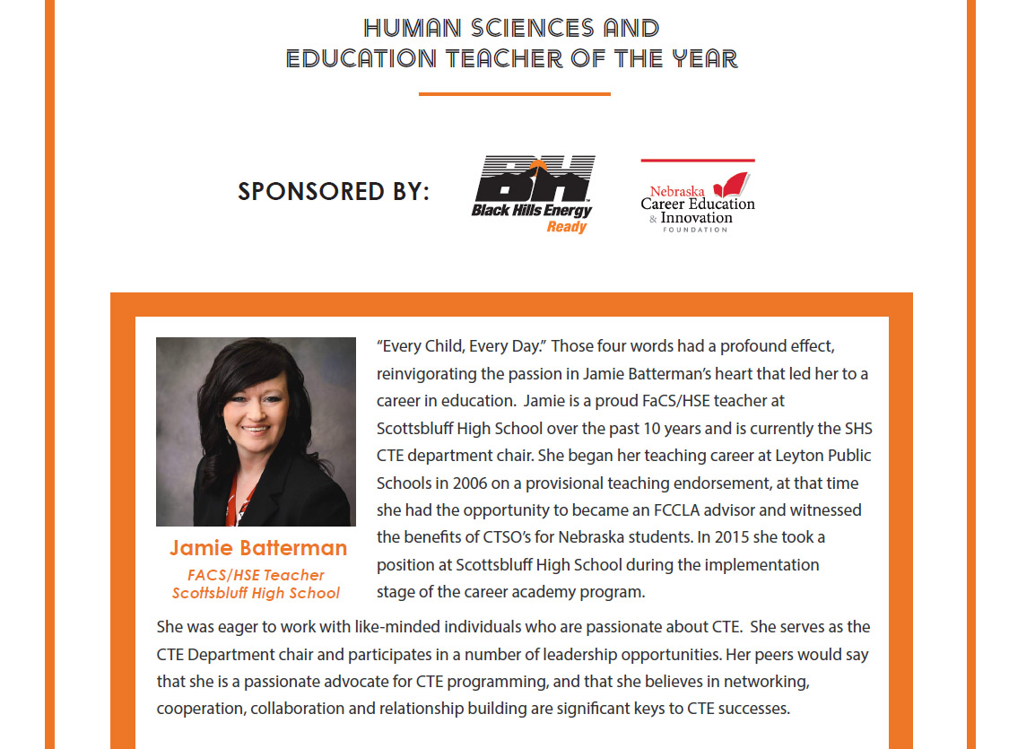 scbpubschools's tweet photo. A big CONGRATULATIONS to Jamie Batterman of SHS named the Rich Katt Outstanding CTE Educator for Human Sciences and Education!  #ScottsbluffCTE #bearcatpride https://t.co/rFO2P0gIDh