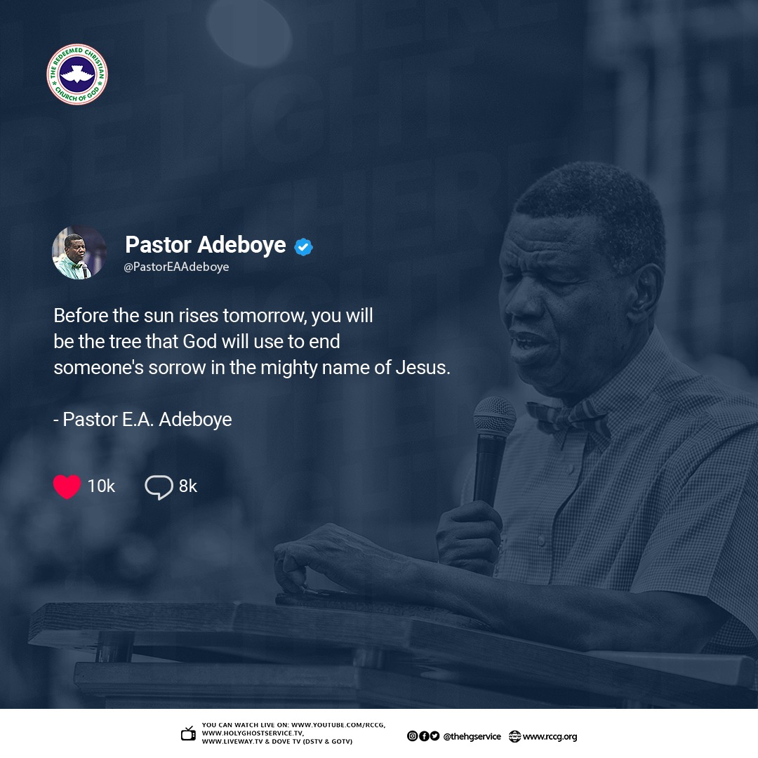 rccgitm's tweet photo. Before the sun rises tomorrow, you will be the tree that God will use to end someone’s sorrow in the mighty name of Jesus.
@PastorEAAdeboye

#LetThereBeLight6 
#JuneHGS
#RCCGTrafficSquad https://t.co/z1Nw4nRNRP