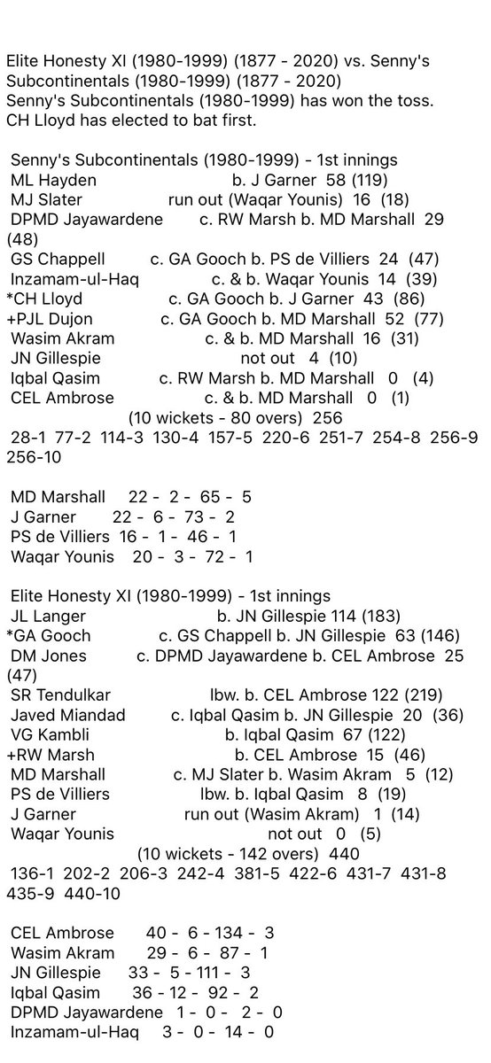 AllStarWTC's tweet photo. Langer and Tendulkar gave EH an almost 200 run lead after the first innings. Subs made 346, setting EH 163. Qasim took 5-43 as EH’s woeful chase finished at 132, giving the Subs an unassailable 2-0 lead in the series. MOTM: Marshall https://t.co/ufFYyHo7ye