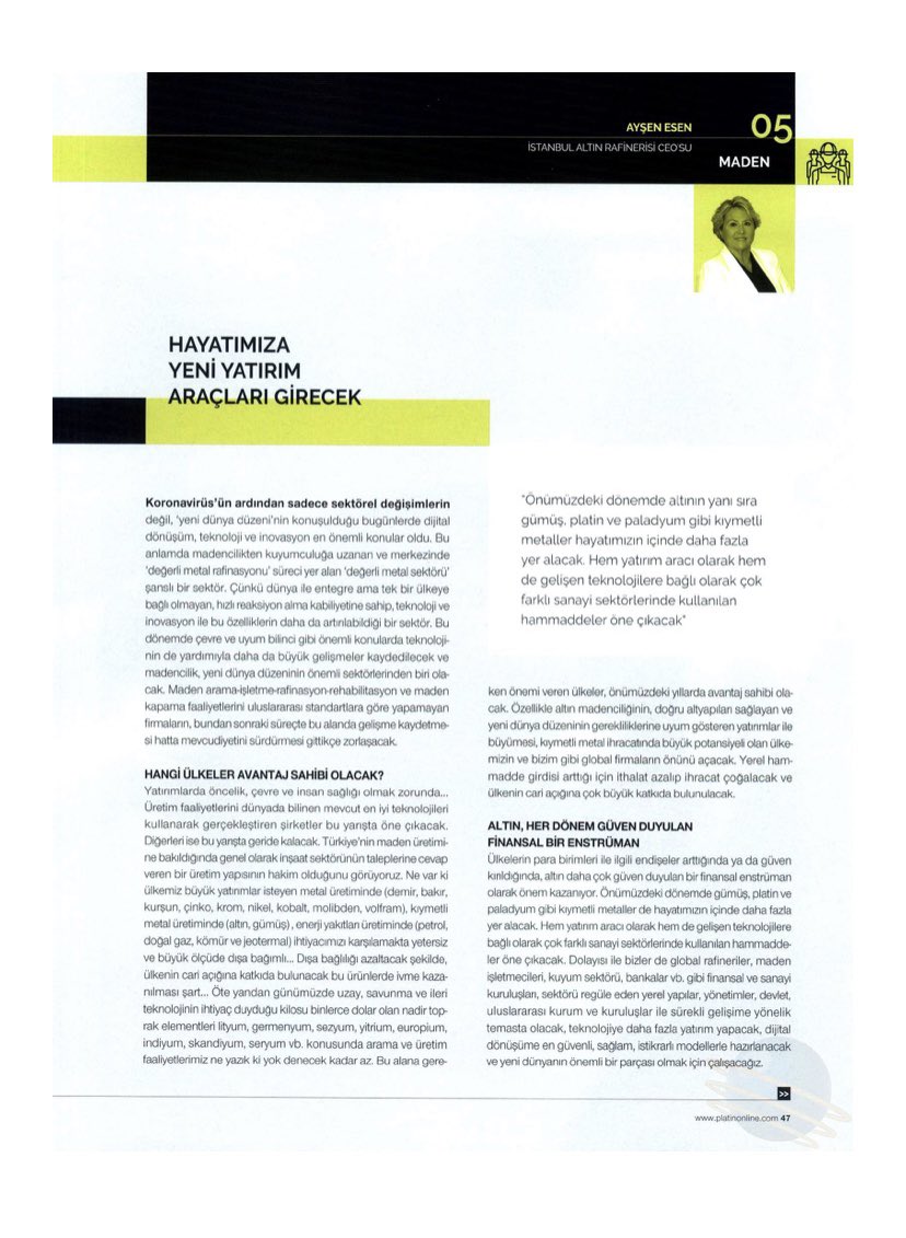 Platin dergisi haziran sayısında 25 sektörde uzmanlarından gelecek senaryoları başlığı altında yer alan köşe yazım