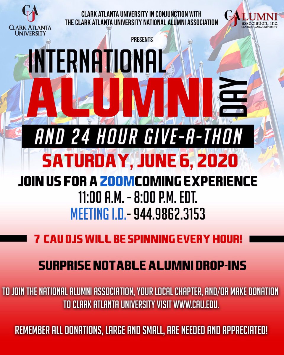 CAUAlumRelation's tweet photo. #AU #CC and #CAUAlumni! Please join YOUR #CAUAA, Inc. for International Alumni Day, #ZOOMCOMING Experience and 24 hr Give-A-Thon, tomorrow, beginning at 11:00 a.m.! Who's ready to #SocialDistance Party!
#CAU #HBCU #WEARECAU https://t.co/QX5rbfOme8