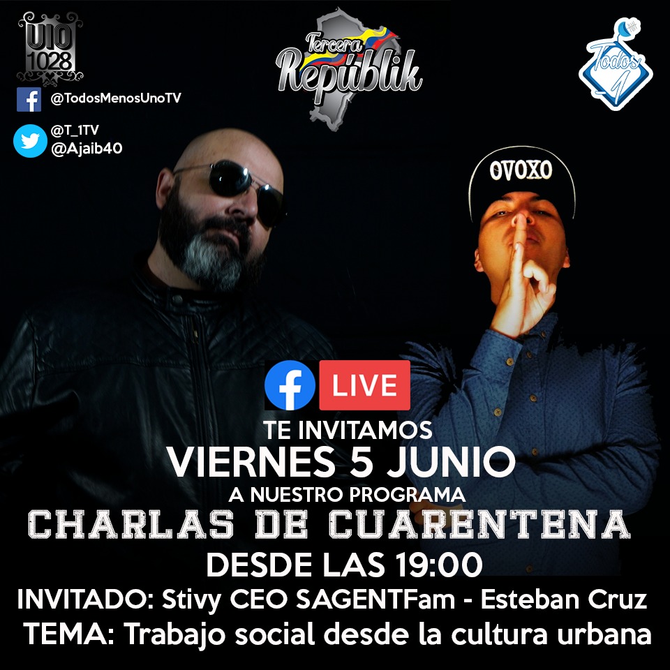 T_1TV's tweet photo. 🚨 ATENCIÓN 🚨

Genteeeee, hoy llega un programa más de #CharlasDeCuarentena

Nos vemos a las 19h00 para conversar sobre la acción social que realizan los artistas urbanos.

¡No se lo pierdan!

#Cuarentena #CulturaUrbana #Música https://t.co/xW6xl1tfvp