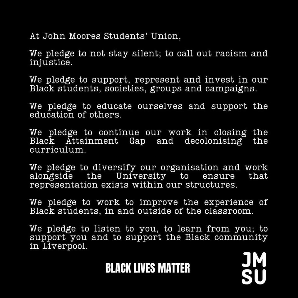 As part of JMSU and Team LJMU family, we are in full support of the official statement from our Executive Officer team. Together we stand in solidarity with the Black Lives Matter Movement.

Read the full statement: jmsu.co.uk/blacklivesmatt… #BlackLivesMatter