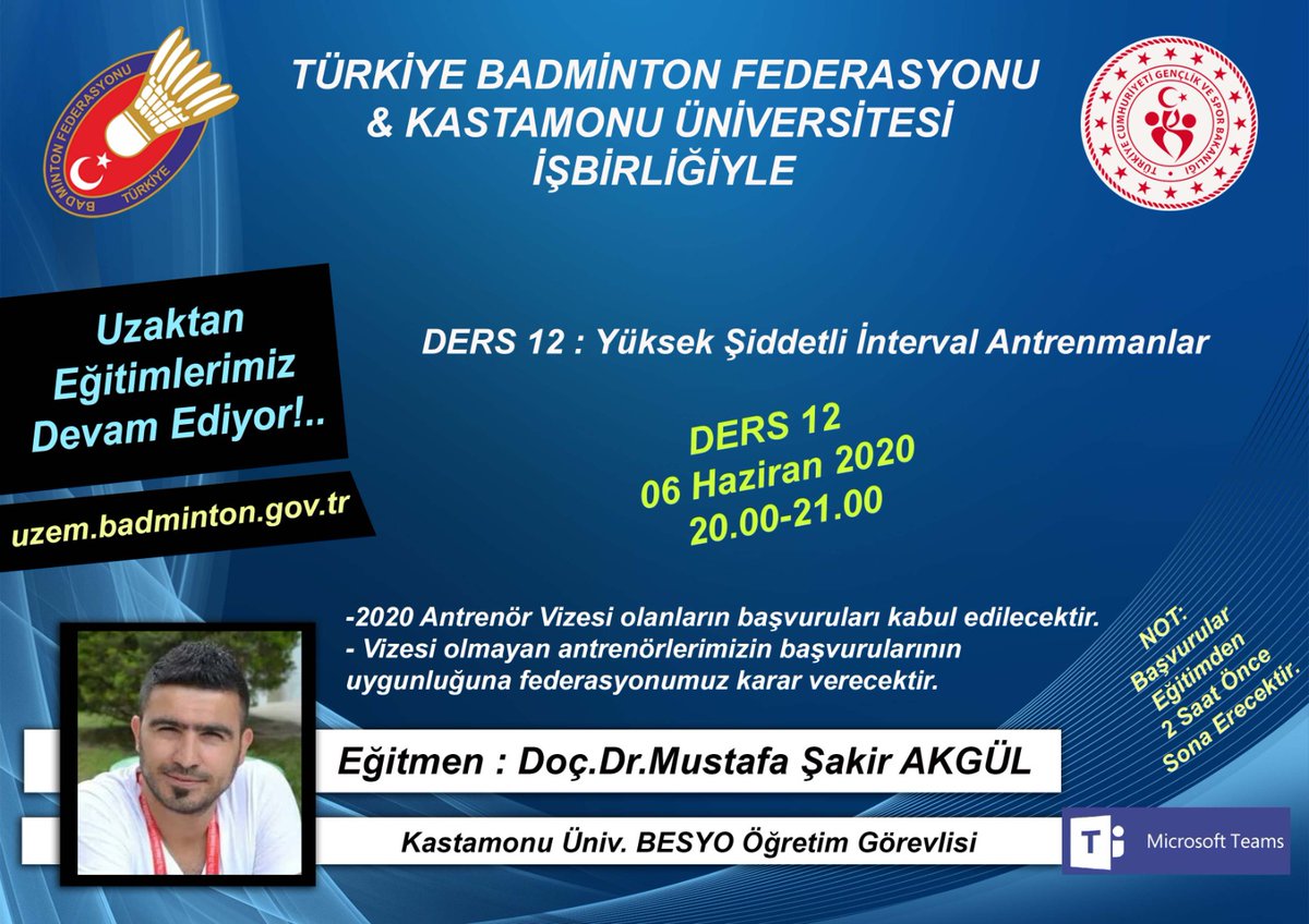 📣 Federasyonumuzun, Kastamonu Üniversitesi işbirliğiyle gerçekleştirdiği Uzaktan Eğitimlerimiz, ders 12 Yüksek Şiddetli İnterval Antrenmanlar ile devam ediyor...

🗓️ 06 Haziran 2020
⏰ 20:00 - 21:00

Başvurular: uzem.badminton.gov.tr ⚠️