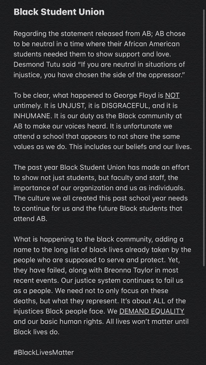 A statement of SUPPORT from the BSU organization at AB.  #Blacklivesmatter