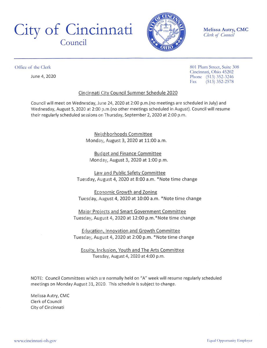 City Of Cincinnati On Twitter The Clerk Of Council Has Just Released The Summer Schedule For City Council And City Council Committees Please Note This Schedule Is Subject To Change Https T Co Hmhabcjzbx