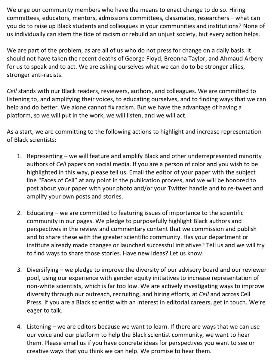 CellCellPress's tweet image. Cell stands with our Black readers, reviewers, authors, and colleagues, against racism and police brutality. We are committed to amplifying their voices, to educating ourselves, and to finding ways that we can do better. #BlackLivesMatter

Our editorial: info.cell.com/s0092-86742030…