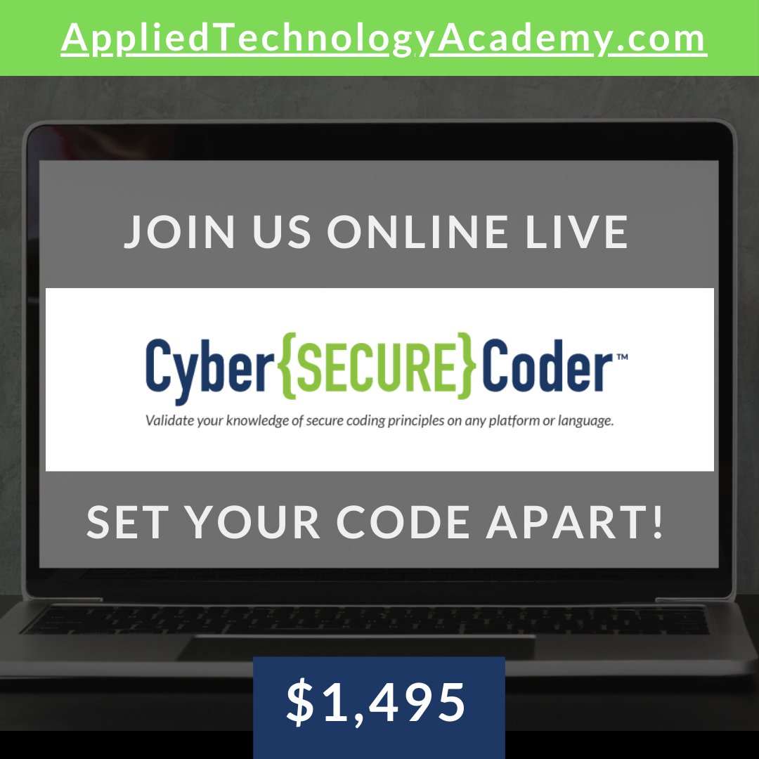 appliedtechac's tweet image. Join us for our new Cyber Secure Coder course with Mic Merritt, our rock star cybersecurity and devsecops instructor.   Online Live!   zcu.io/Hjyh 
#devseops #securecode