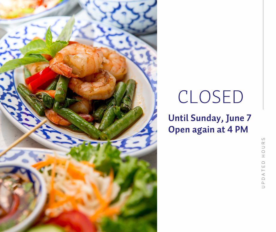 We will be closed until Sunday, at 4:00 PM! See you then for delivery or take-out.