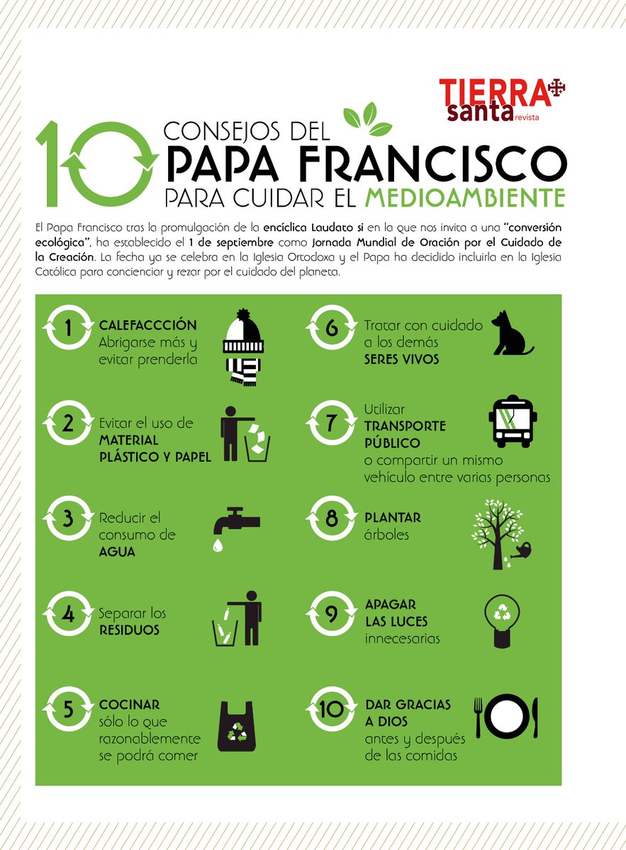 Este decálogo del #PapaFrancisco para cuidar de la Naturaleza🌿, la gran creación de Dios, viene genial para el #DiaMundialDelMedioAmbiente. ¿Le das a RT xf 🙏 ? #LaudatoSi5, #WorldEnvironmentDay.