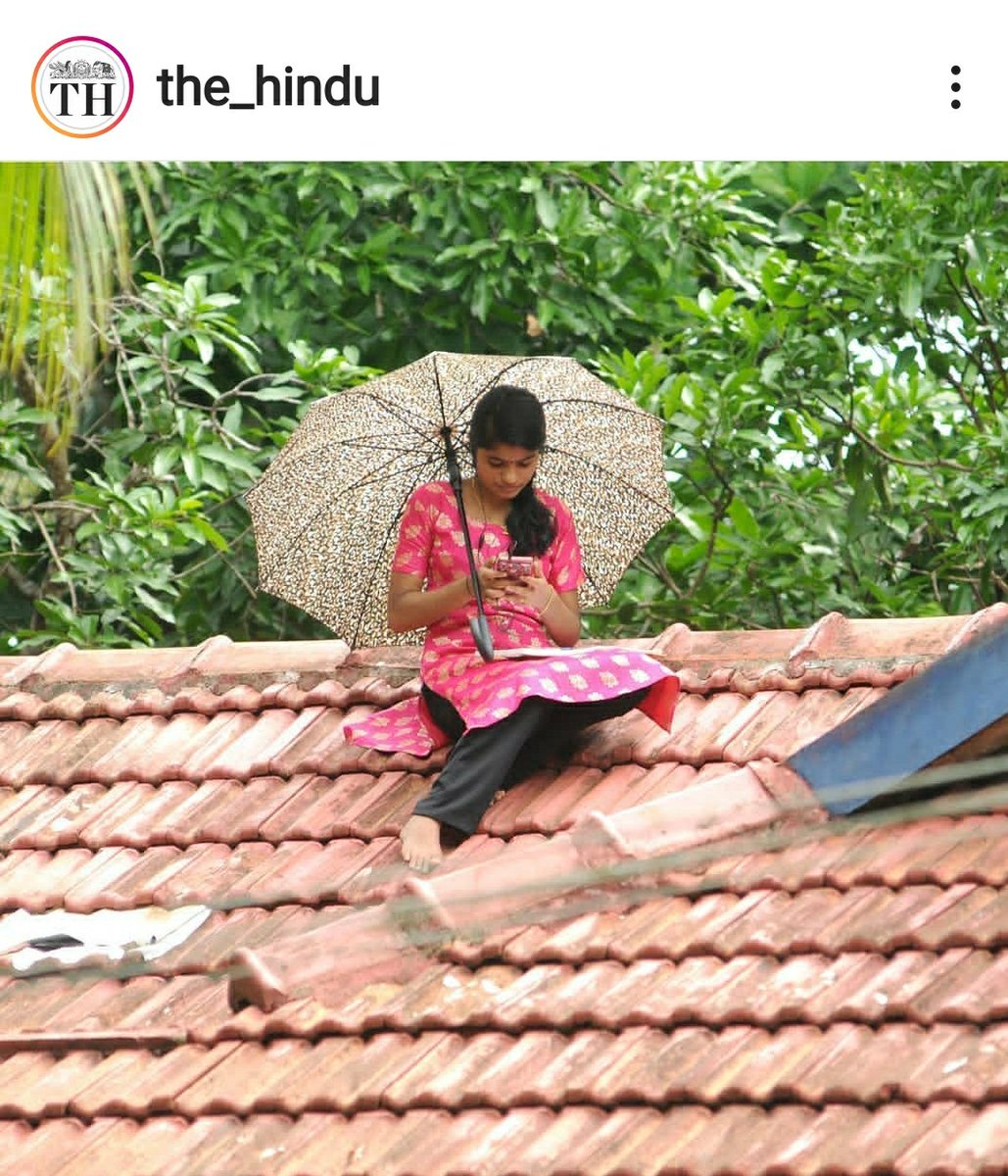 Sheeba Thattil π³πΏ (@SheebaThattil) on Twitter photo 2020-06-05 17:57:31 A student of Fifth Semester English, in Areekkal, Kerala, sits on the roof of her house, the only place with fairly good signal strength for mobile data, attending classes online. Photo courtesy: Sakkir Hussain, The Hindu. A student of Fifth Semester English, in Areekkal, Kerala, sits on the roof of her house, the only place with fairly good signal strength for mobile data, attending classes online. Photo courtesy: Sakkir Hussain, The Hindu.