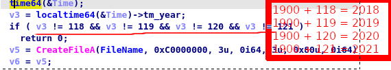 Interesting clue about operation timeline of #Higaisa based on samples from <a href="/Malwarebytes/">Malwarebytes</a>'s article - before jumping to shellcode loader checks if current year is in [2018,2021] time frame (it also makes quite a good #yara ) #APT #Malware #ThreatHunting  #threatintel