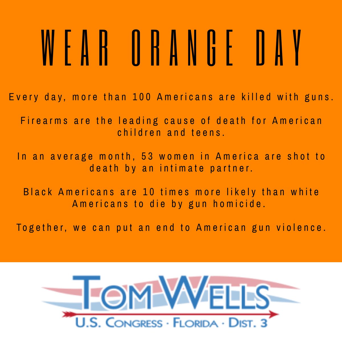 An orange graphic with a Tom Wells for Congress logo, containing gun violence statistics that can be found at wear orange dot org. 