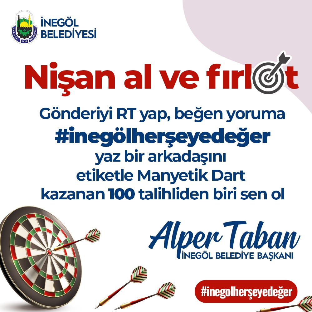 İsteğiniz üzerine çekilişlere devam ediyoruz.
Facebooktan 40, instagramdan 40 ve twitterdan 20 kişiye çekilişle manyetik dart hediyemiz olacak. 
Etkinlik Pazartesi akşamı 21:00'de sona erecek.
#İnegölHerşeyeDeğer